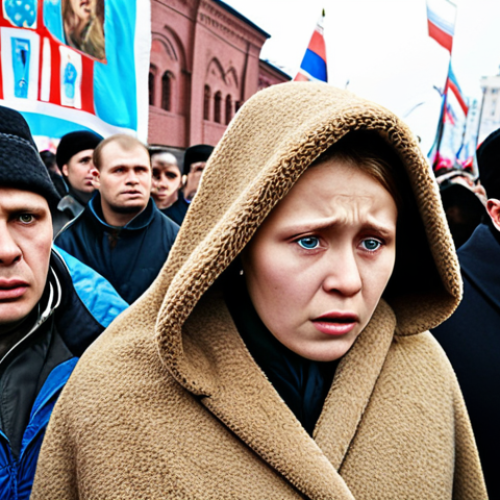 **Image Prompt:** A tense political rally in Russia, one political party actively utilizing Orthodox Christian iconography and rhetoric to appeal to traditionally conservative voters. Focus on the expressions of hope and devotion on the faces of the attendees, while subtly hinting at the manipulation aspect of the situation. Include a mix of modern and traditional Russian clothing styles in the crowd. Cold color palette.