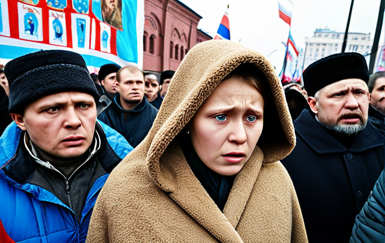 **Image Prompt:** A tense political rally in Russia, one political party actively utilizing Orthodox Christian iconography and rhetoric to appeal to traditionally conservative voters. Focus on the expressions of hope and devotion on the faces of the attendees, while subtly hinting at the manipulation aspect of the situation. Include a mix of modern and traditional Russian clothing styles in the crowd. Cold color palette.