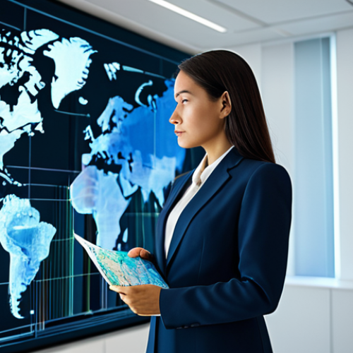 A professional woman, fully clothed in a modest business suit, stands contemplatively in a sleek, modern office. Around her, digital streams of data and abstract holographic projections illustrate a rapidly changing world. She holds a translucent, old-fashioned map that appears to be dissolving into light, symbolizing outdated guidance. The scene conveys a sense of paradigm shift and adaptability. Perfect anatomy, correct proportions, natural pose, well-formed hands, proper finger count, natural body proportions, professional dress, appropriate attire, safe for work, appropriate content, professional, family-friendly, high quality, sharp focus.