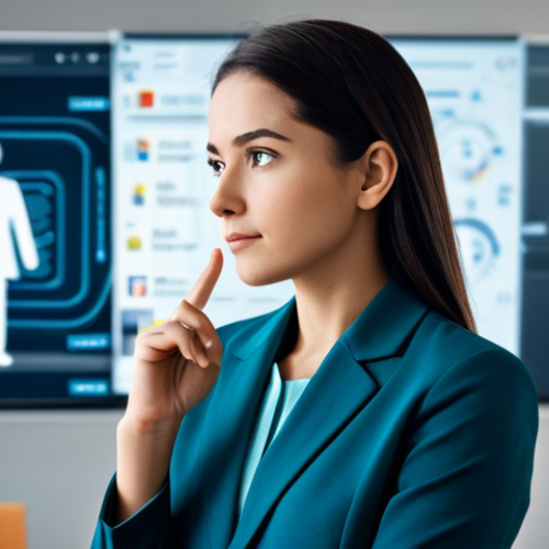 A professional individual in modest business attire, appearing contemplative, surrounded by an abstract, modern digital interface with blurred social media elements in the background, fully clothed, appropriate attire, safe for work, perfect anatomy, correct proportions, natural pose, professional dress, well-formed hands, proper finger count, natural body proportions, high quality, professional photography, appropriate content, family-friendly.